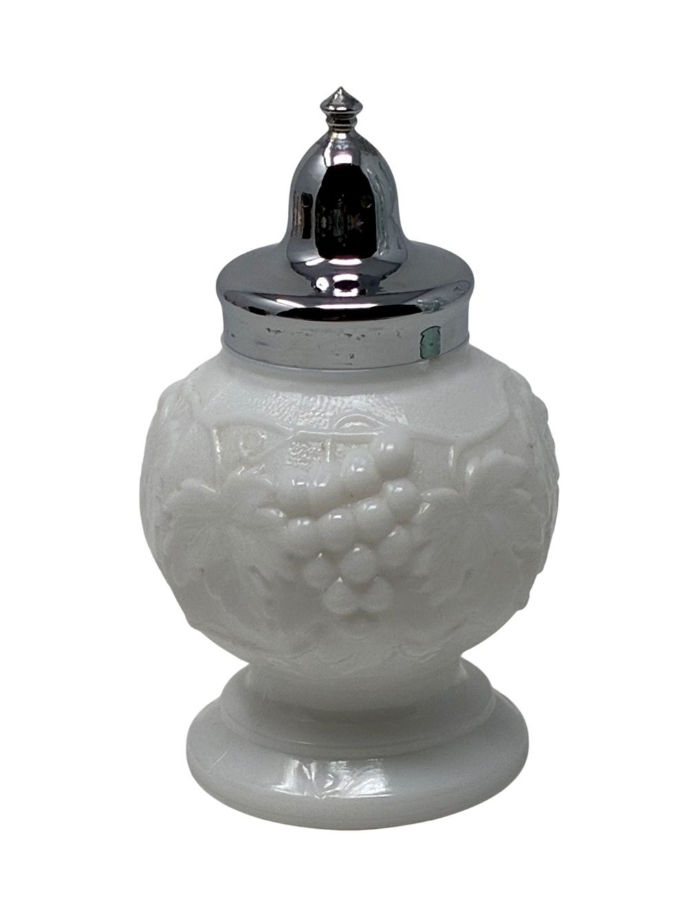 Vintage Imperial Glass White Milk Glass Footed Shaker Grape Pattern Chrome Lid